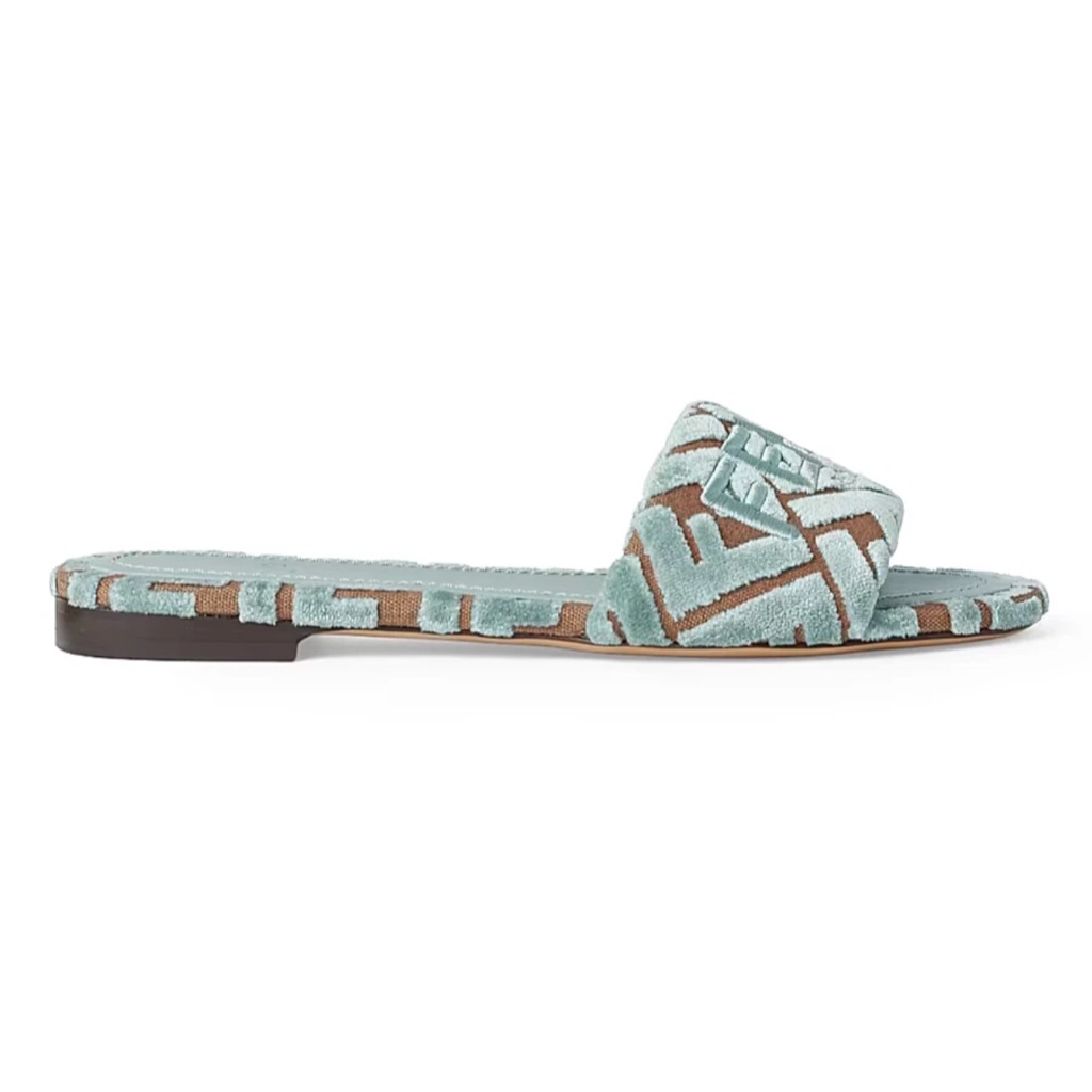 Fendi Sunshine Velvet Ff Logo Menta Green Mule Slide Flat Flip Flop Sandal 38